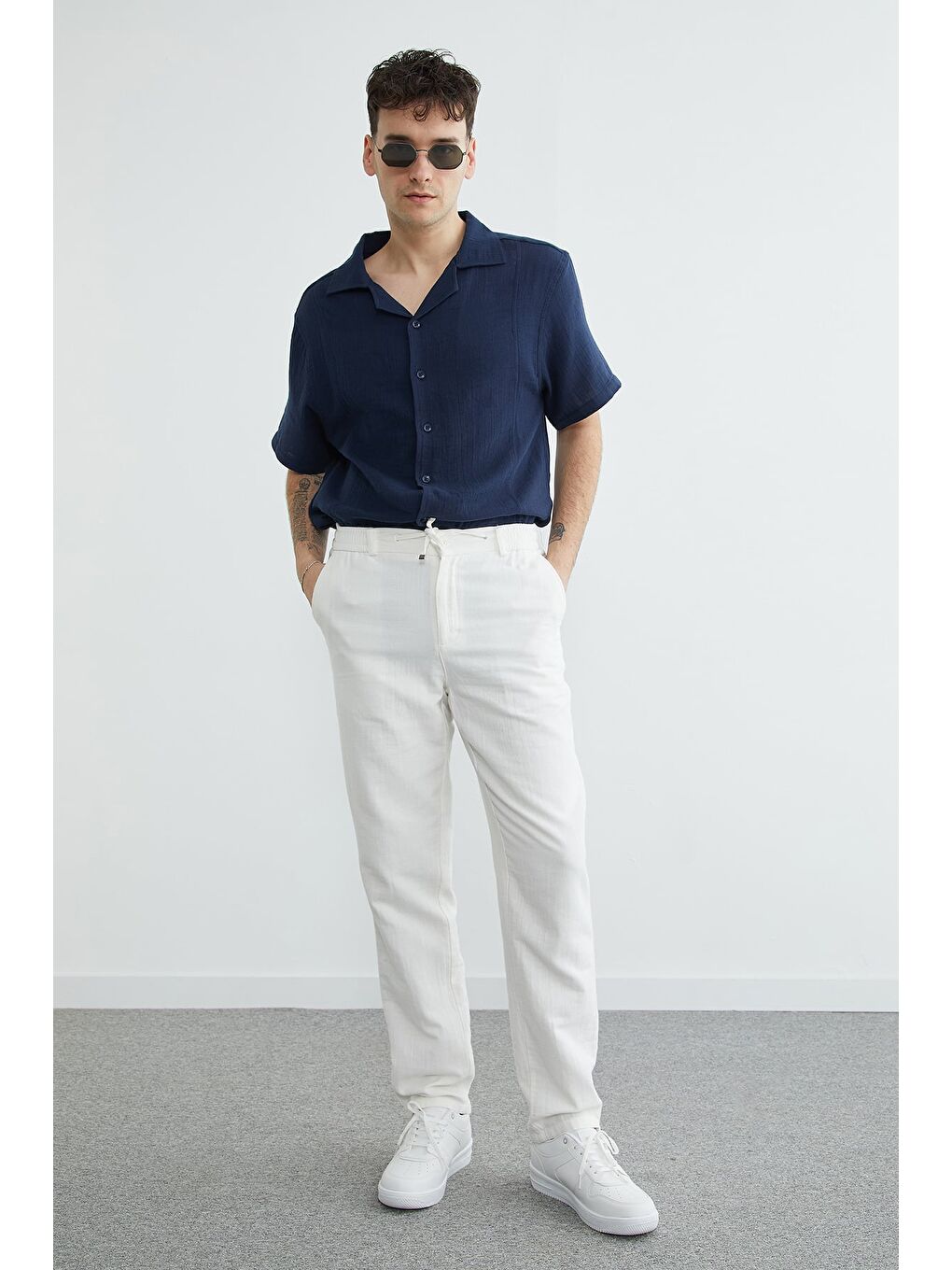 Ekru Beli Lastikli Müslin Kumaş Pantolon-4