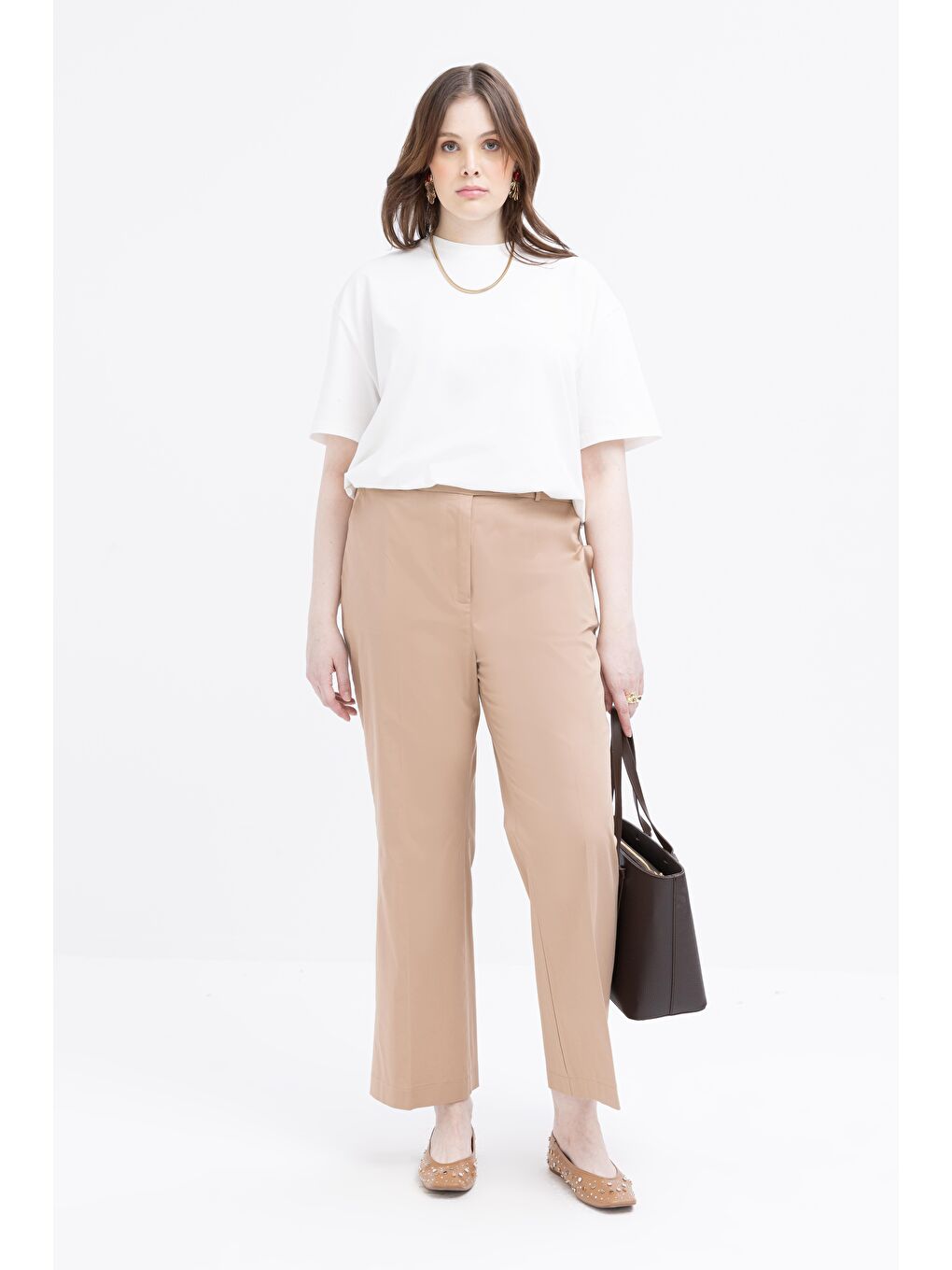 Bej Vizon-Beli Lastikli Büyük Beden Pantolon-1