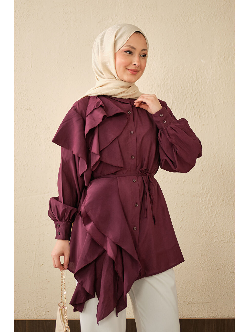 Kadın Volanlı Bağcıklı Gömlek Mürdüm-2