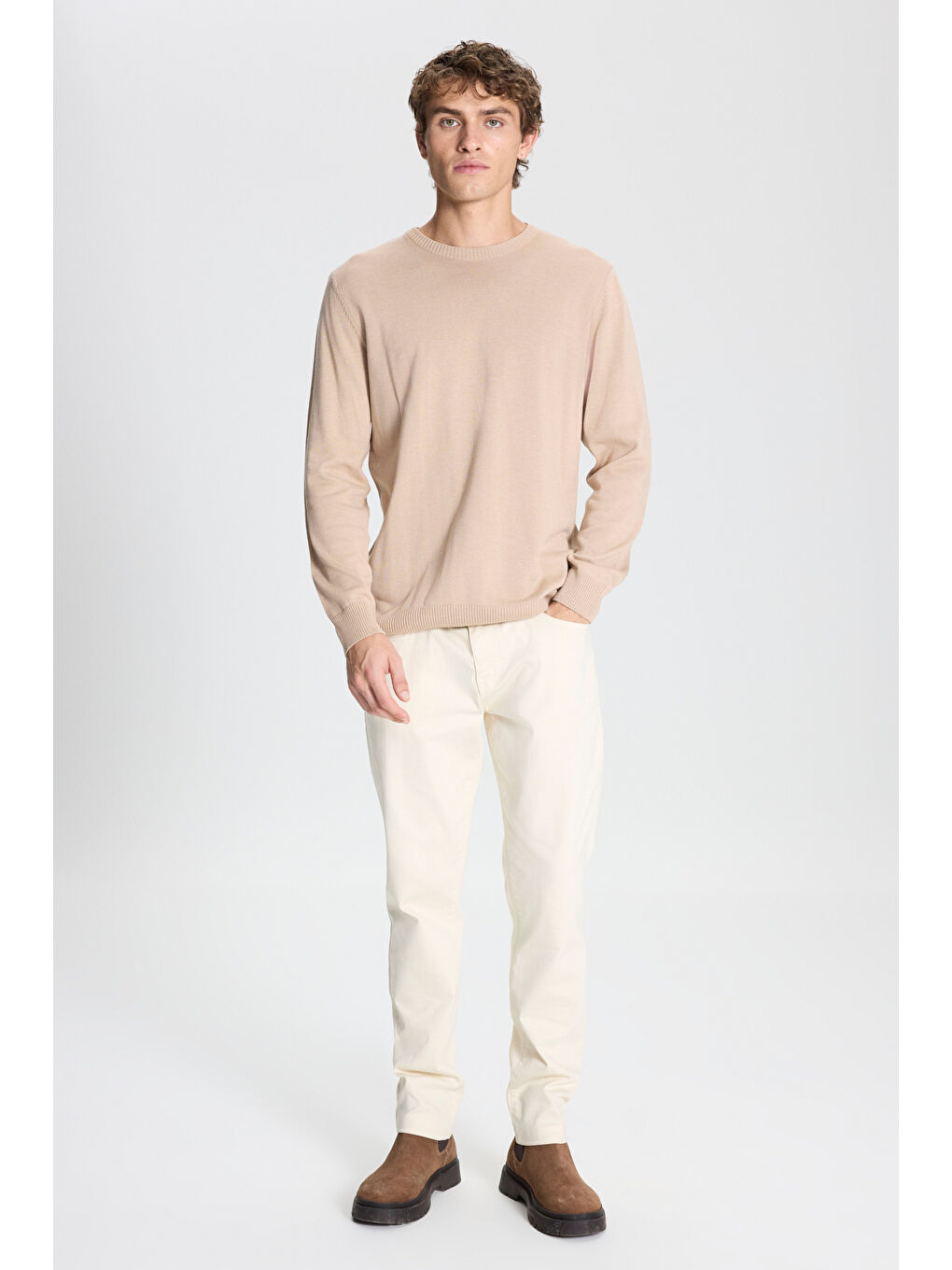 Erkek Bej Melanj Standart Fit Normal Kesim Bisiklet Yaka Pamuklu Triko Kazak-1