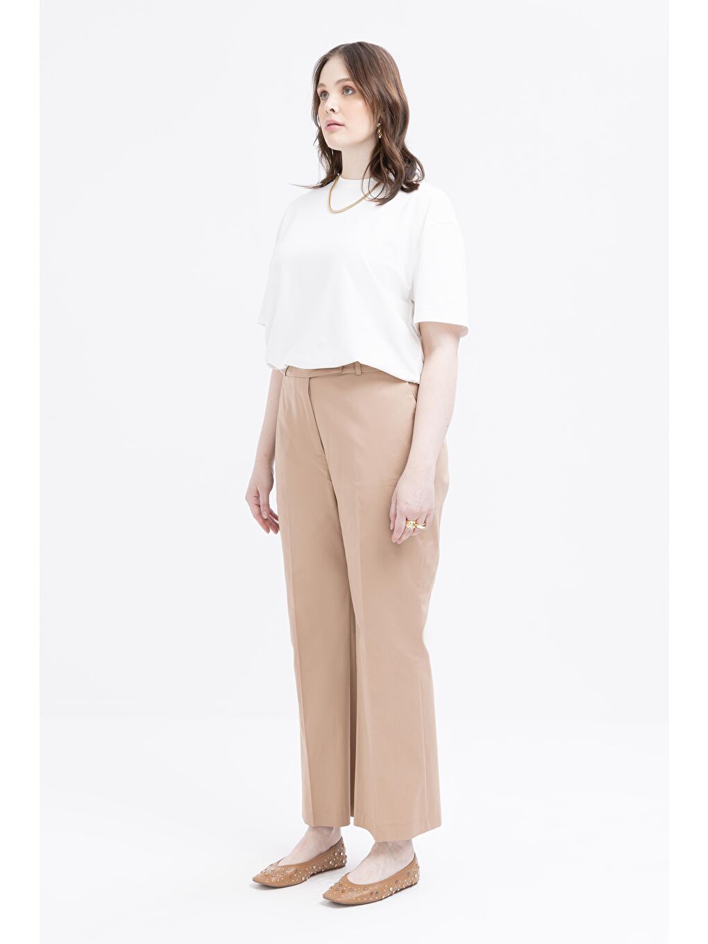 Bej Vizon-Beli Lastikli Büyük Beden Pantolon-2