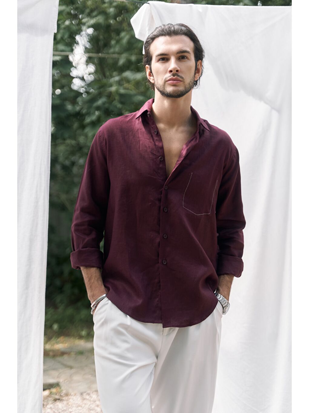 Ombretta Bordo Keten Oversize Erkek Gömlek-3