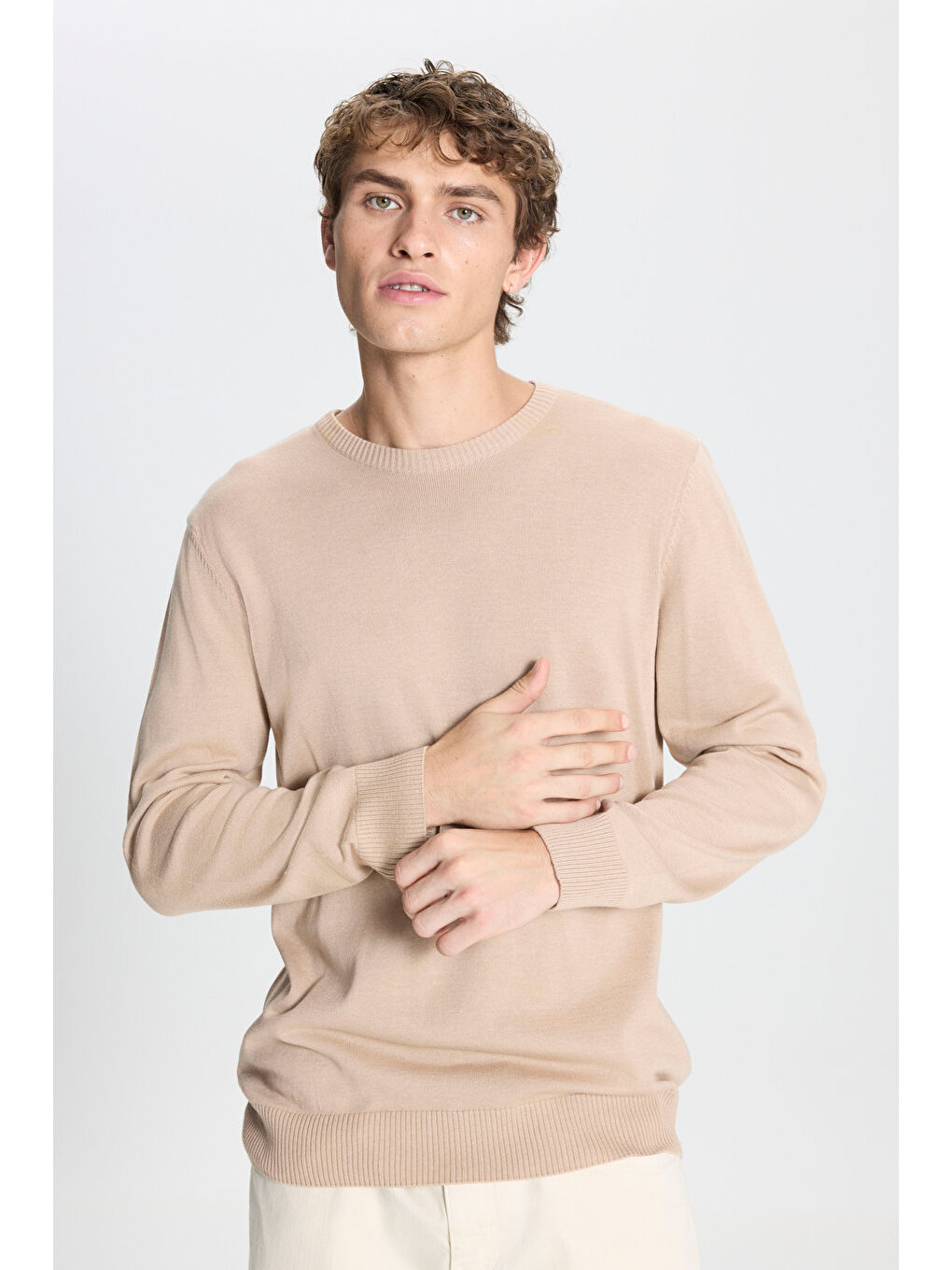 Erkek Bej Melanj Standart Fit Normal Kesim Bisiklet Yaka Pamuklu Triko Kazak-2