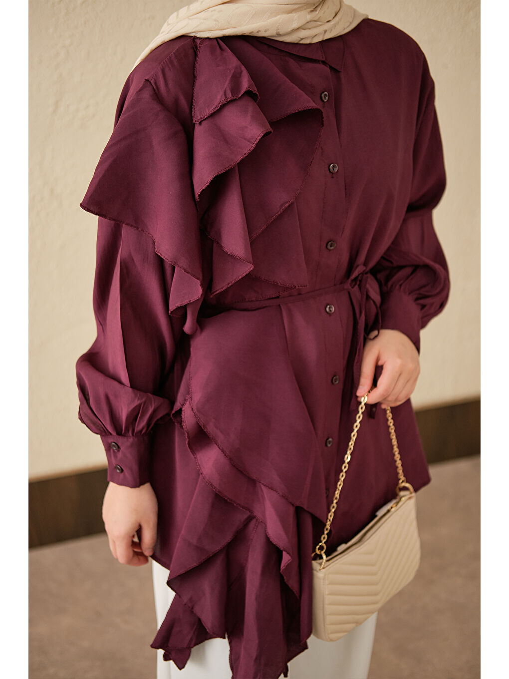 Kadın Volanlı Bağcıklı Gömlek Mürdüm-3