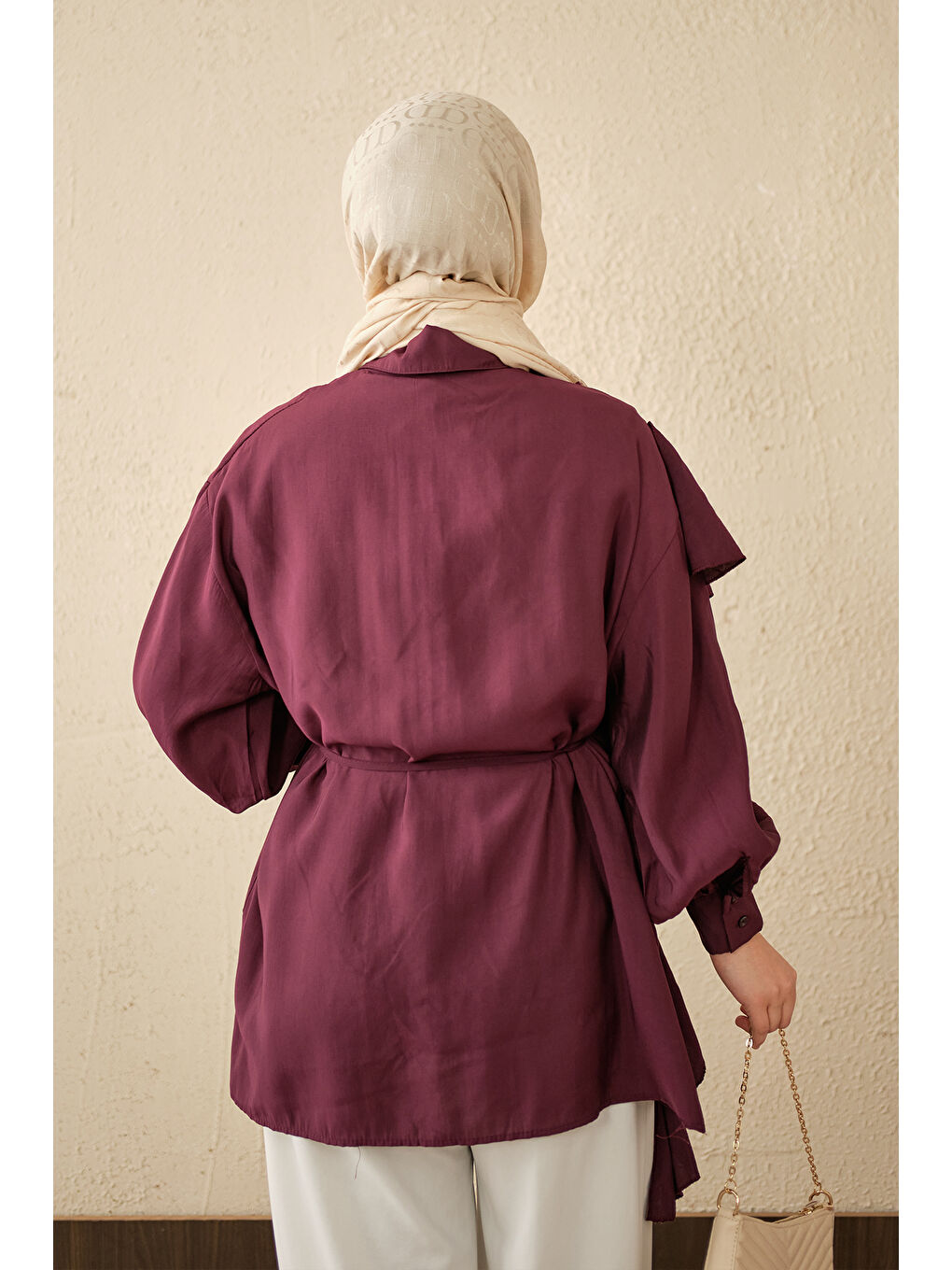 Kadın Volanlı Bağcıklı Gömlek Mürdüm-4