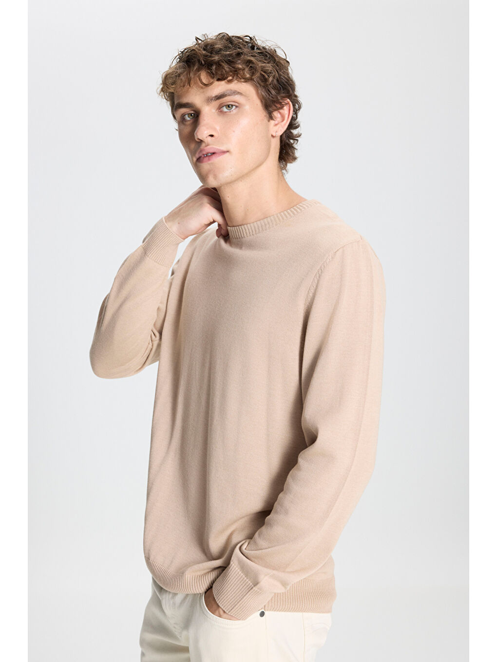 Erkek Bej Melanj Standart Fit Normal Kesim Bisiklet Yaka Pamuklu Triko Kazak-3