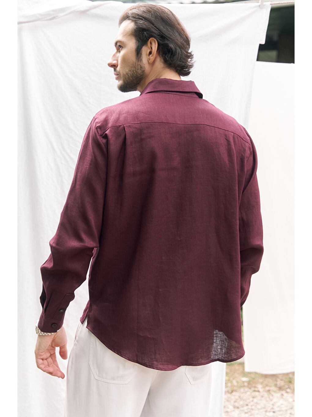 Ombretta Bordo Keten Oversize Erkek Gömlek-4
