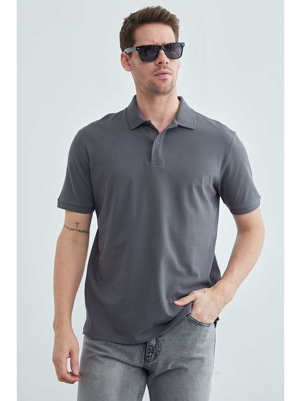 Gri Basic Polo Yaka Pike Tişört-2