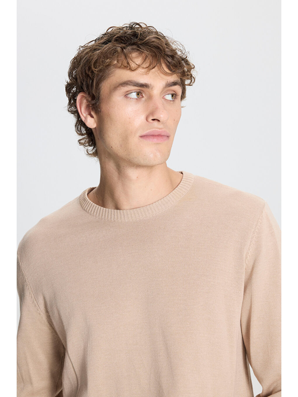 Erkek Bej Melanj Standart Fit Normal Kesim Bisiklet Yaka Pamuklu Triko Kazak-4