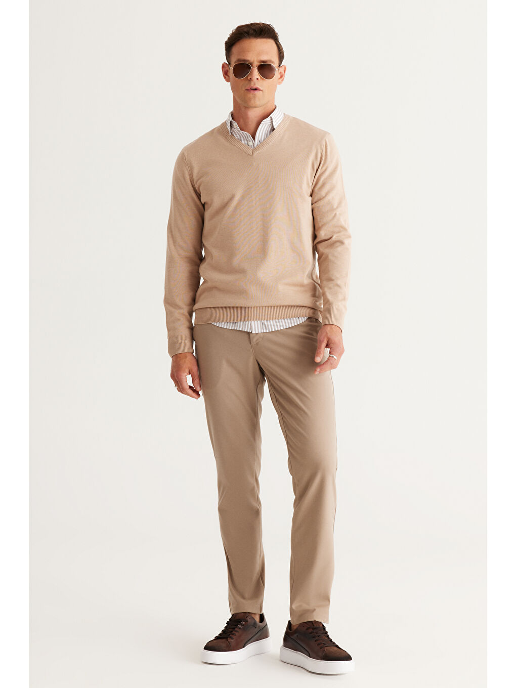 Erkek Bej Melanj Standart Fit Normal Kesim V Yaka Pamuklu Triko Kazak-3