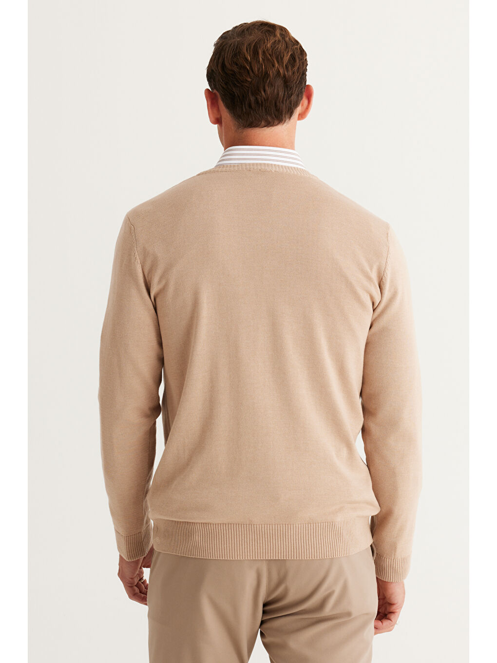 Erkek Bej Melanj Standart Fit Normal Kesim V Yaka Pamuklu Triko Kazak-4