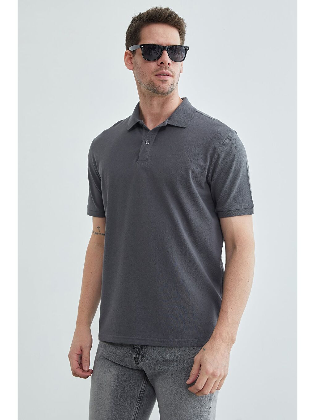 Gri Basic Polo Yaka Pike Tişört-4
