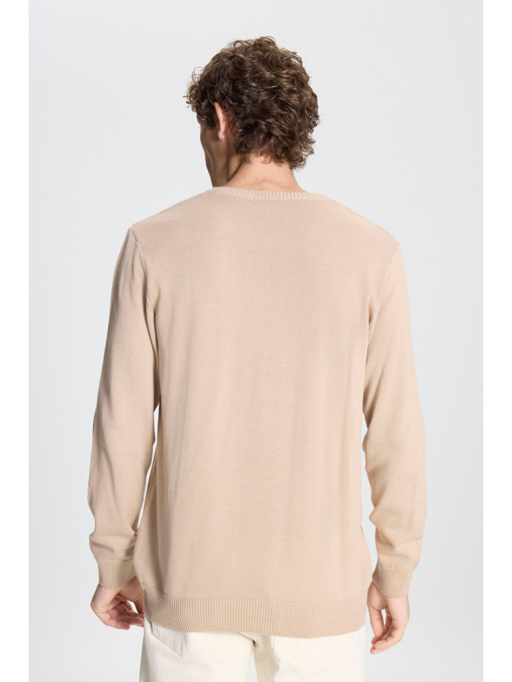 Erkek Bej Melanj Standart Fit Normal Kesim Bisiklet Yaka Pamuklu Triko Kazak-5