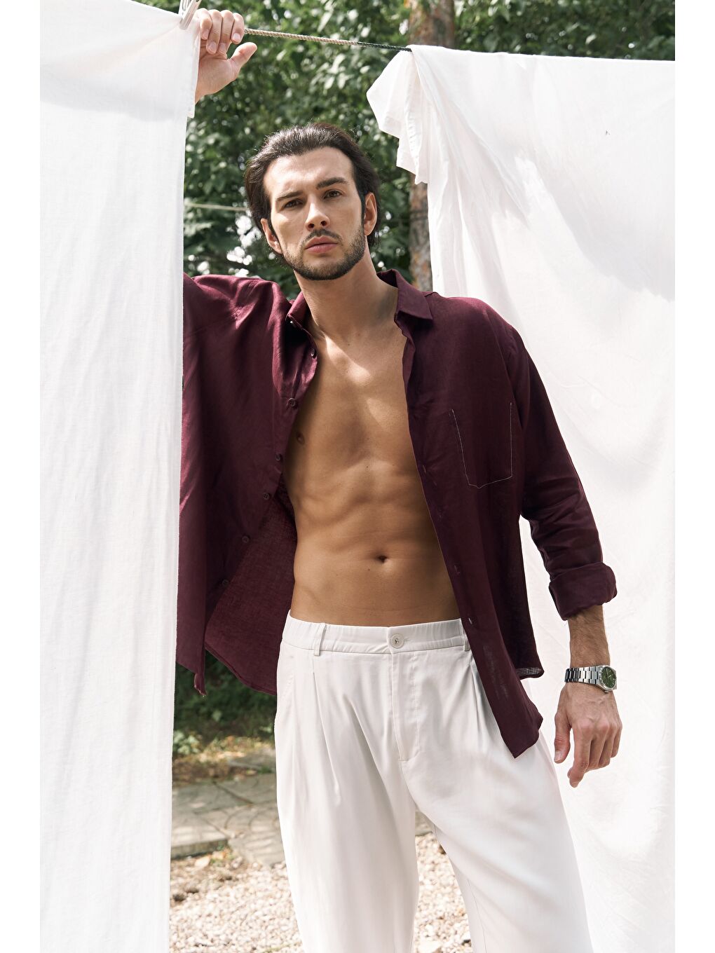 Ombretta Bordo Keten Oversize Erkek Gömlek-5