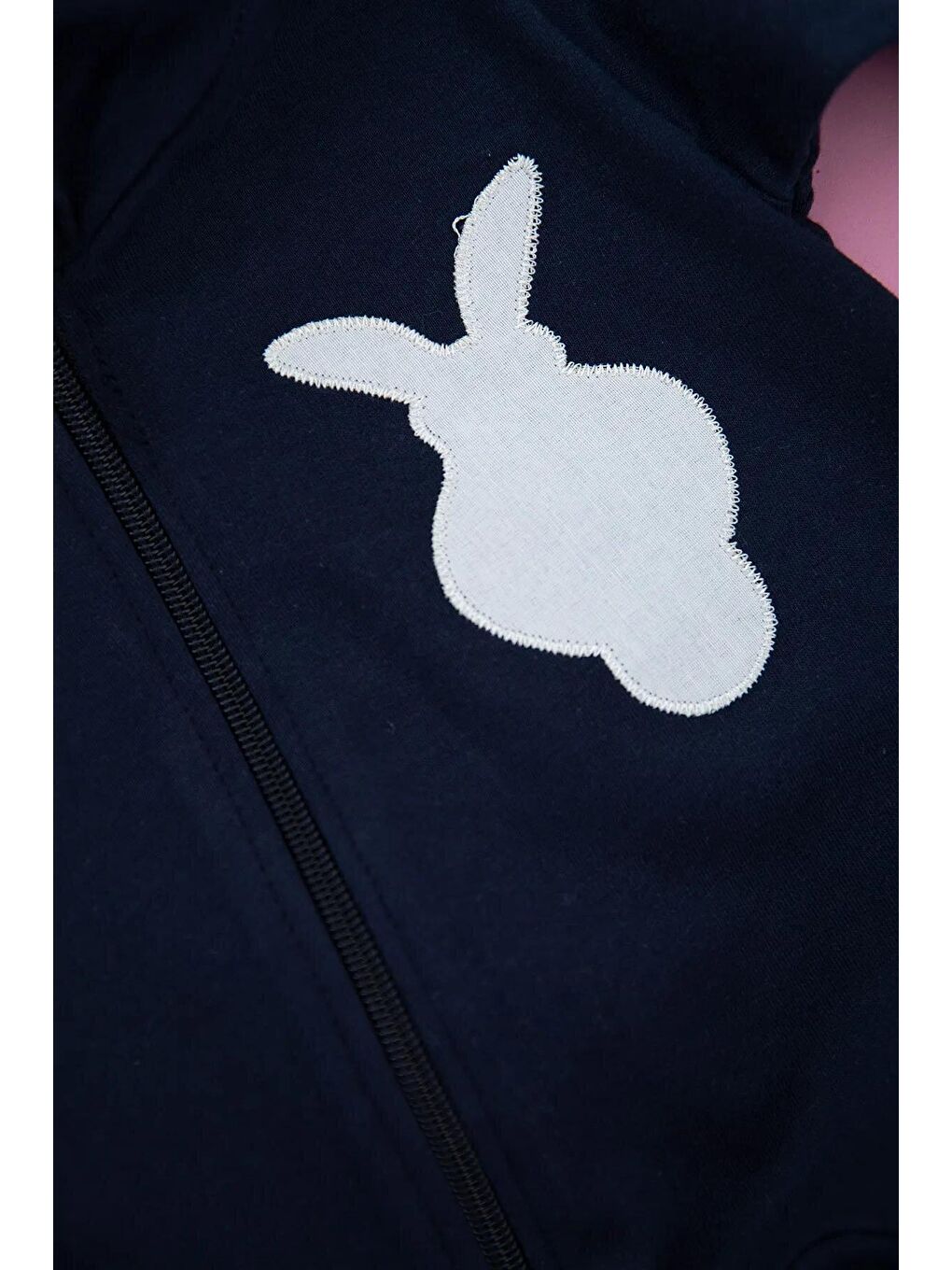 Lacivert Tavşan Nakışlı Kapüşonlu Pon Ponlu Bebek Tulum-5