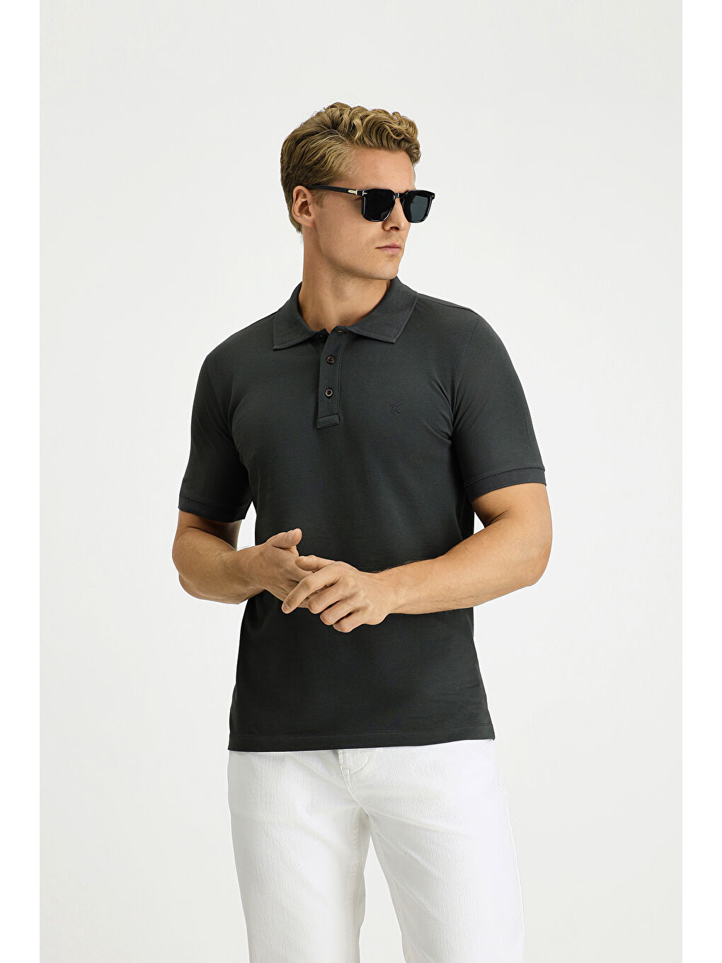 Antrasit Slim Fit Dar Kesim Pamuk Kıvrılmaz Polo Yaka Tişört