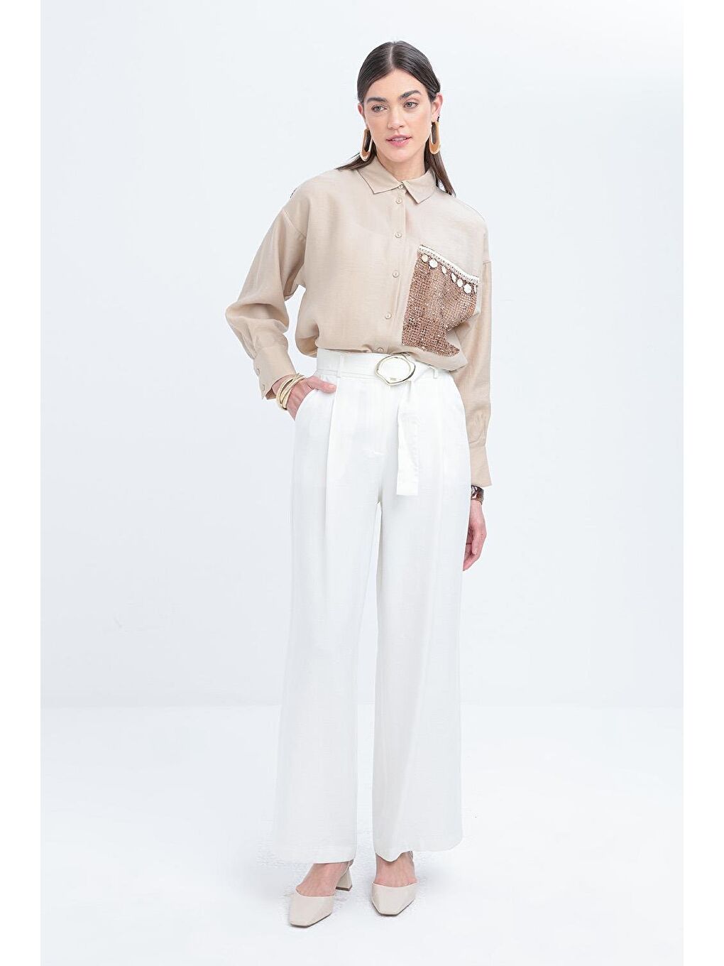 Beyaz-Kemerli Palazzo Pantolon