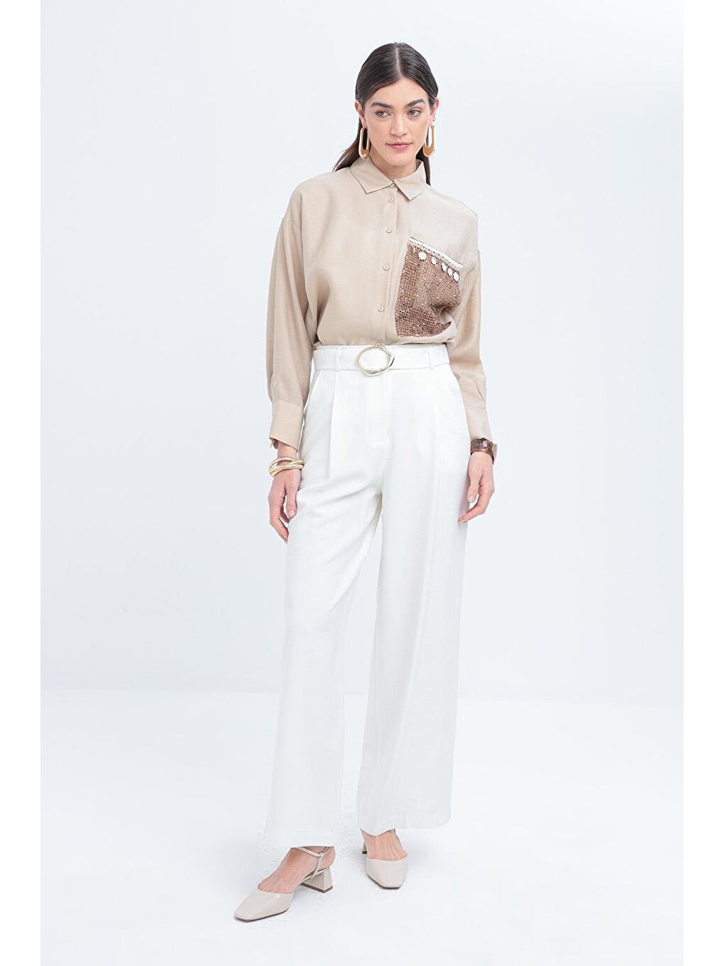 Beyaz-Kemerli Palazzo Pantolon-1