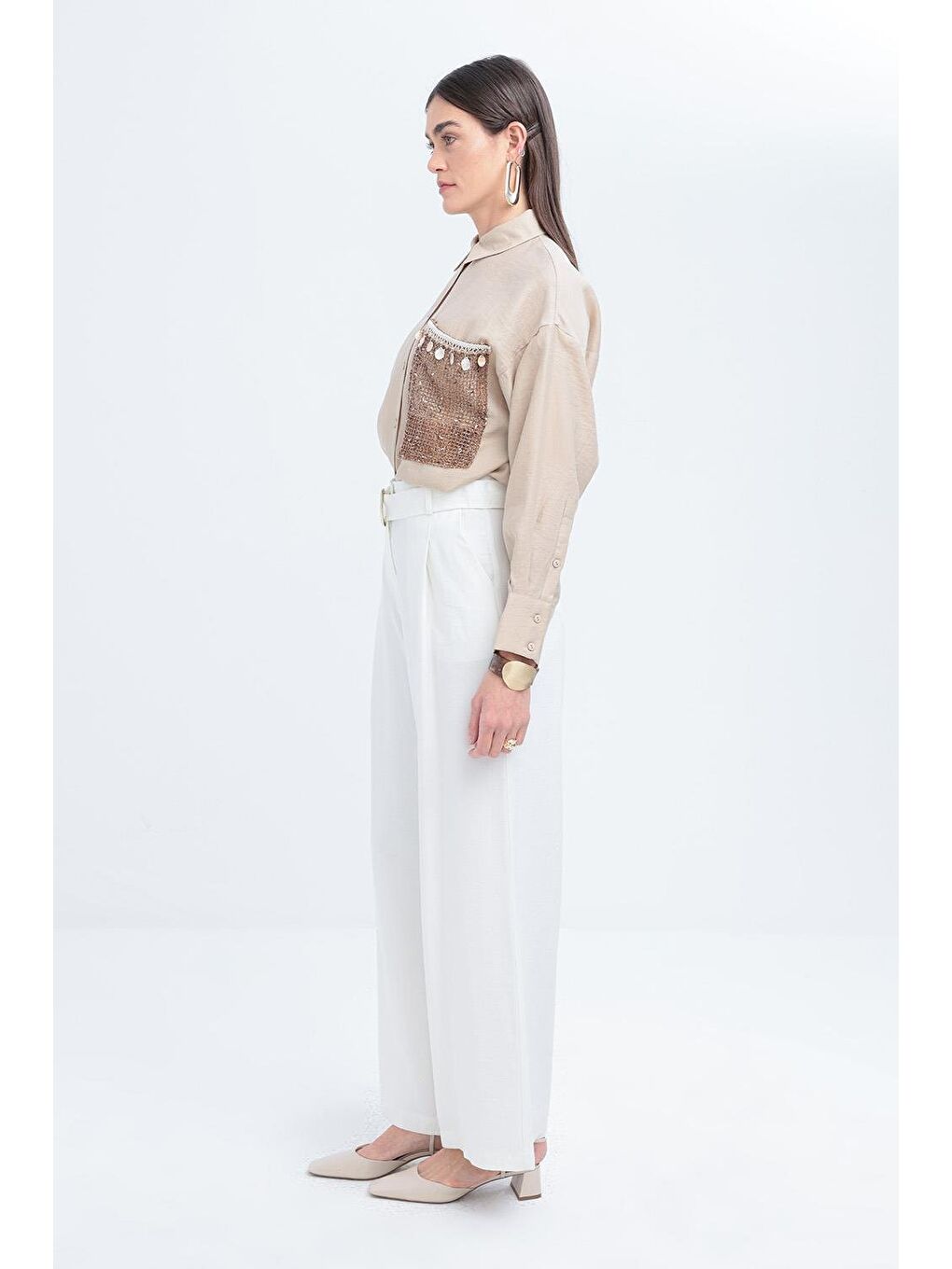 Beyaz-Kemerli Palazzo Pantolon-2