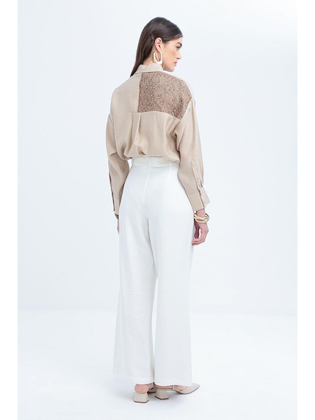 Beyaz-Kemerli Palazzo Pantolon-3