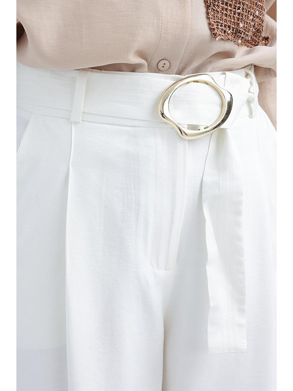 Beyaz-Kemerli Palazzo Pantolon-4