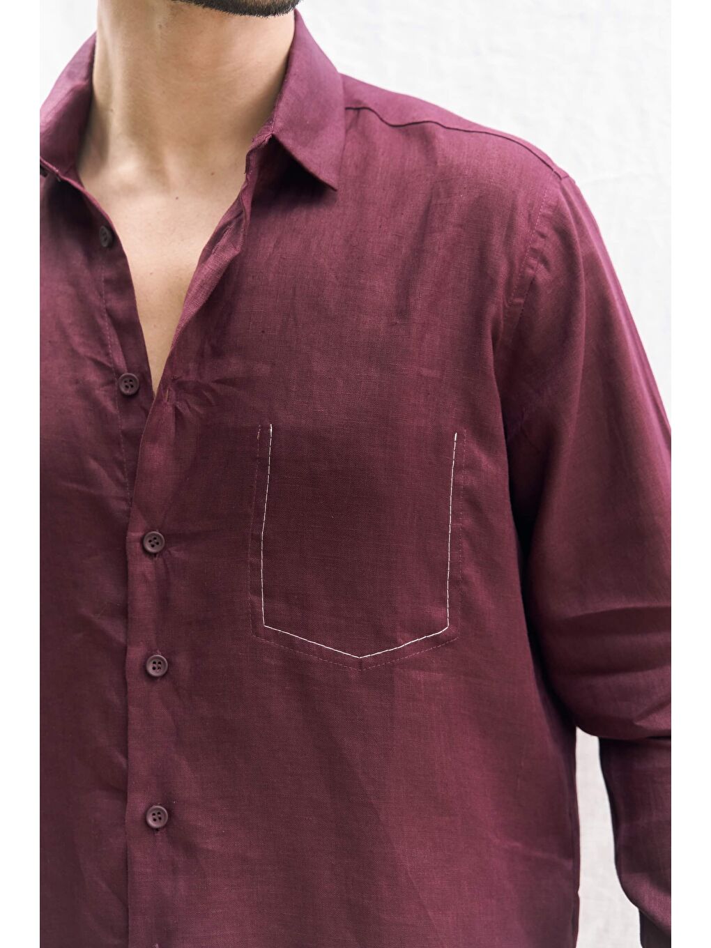 Ombretta Bordo Keten Oversize Erkek Gömlek-6