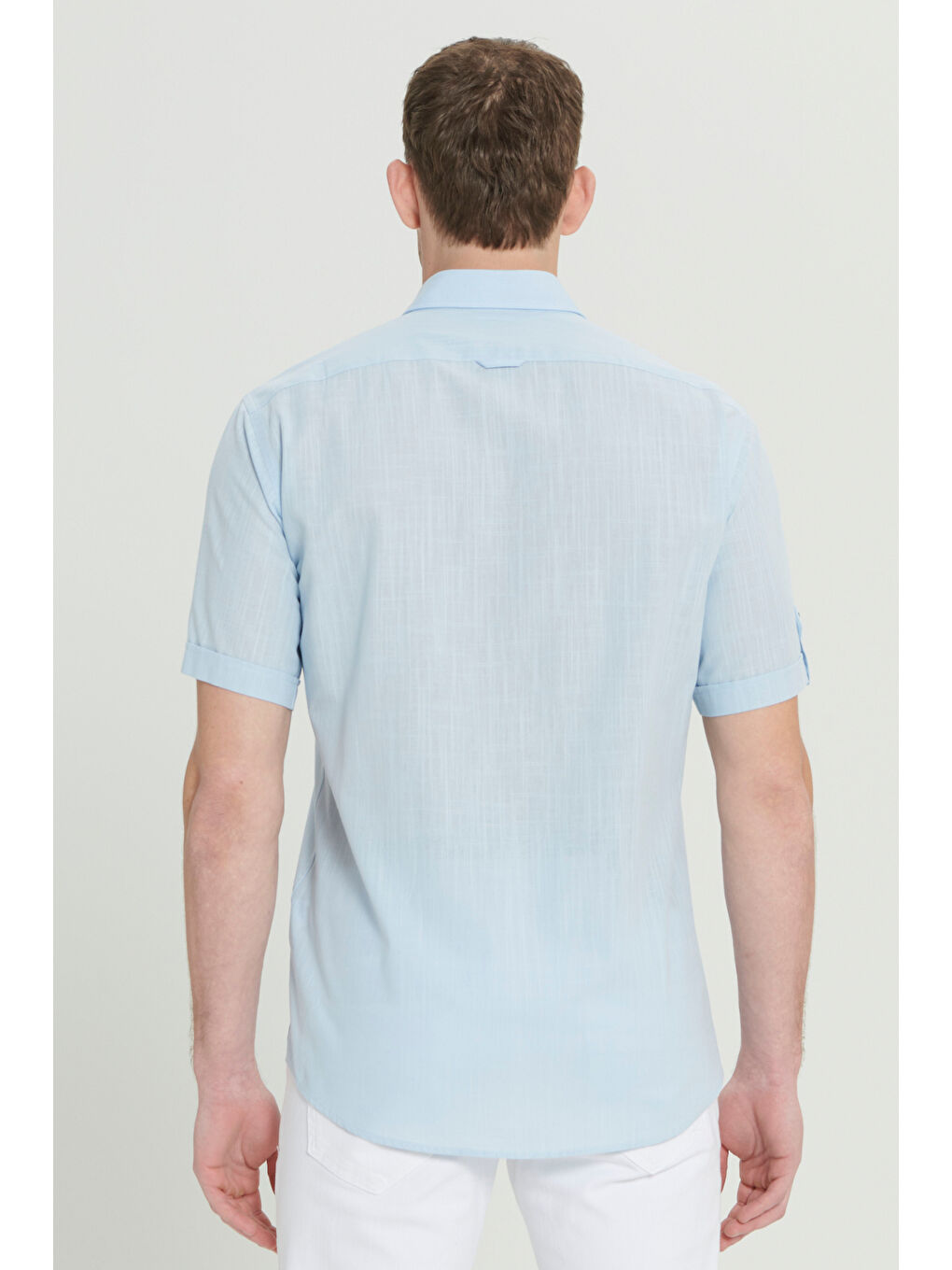 Erkek Açık Mavi Comfort Fit Rahat Kesim Gizli Düğmeli Yaka Keten Görünümlü %100 Pamuk Flamlı Gömlek-5