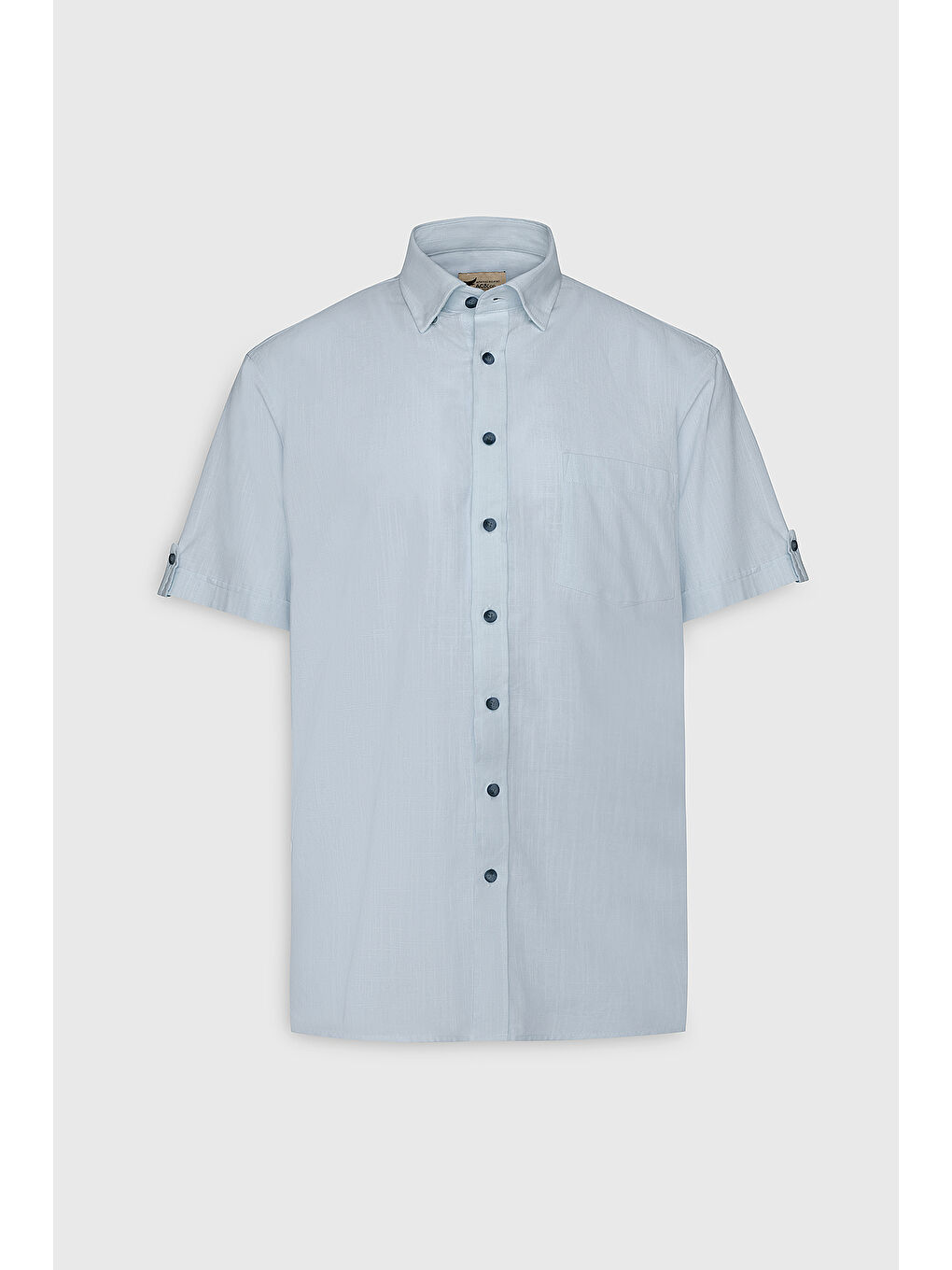 Erkek Açık Mavi Comfort Fit Rahat Kesim Gizli Düğmeli Yaka Keten Görünümlü %100 Pamuk Flamlı Gömlek-6