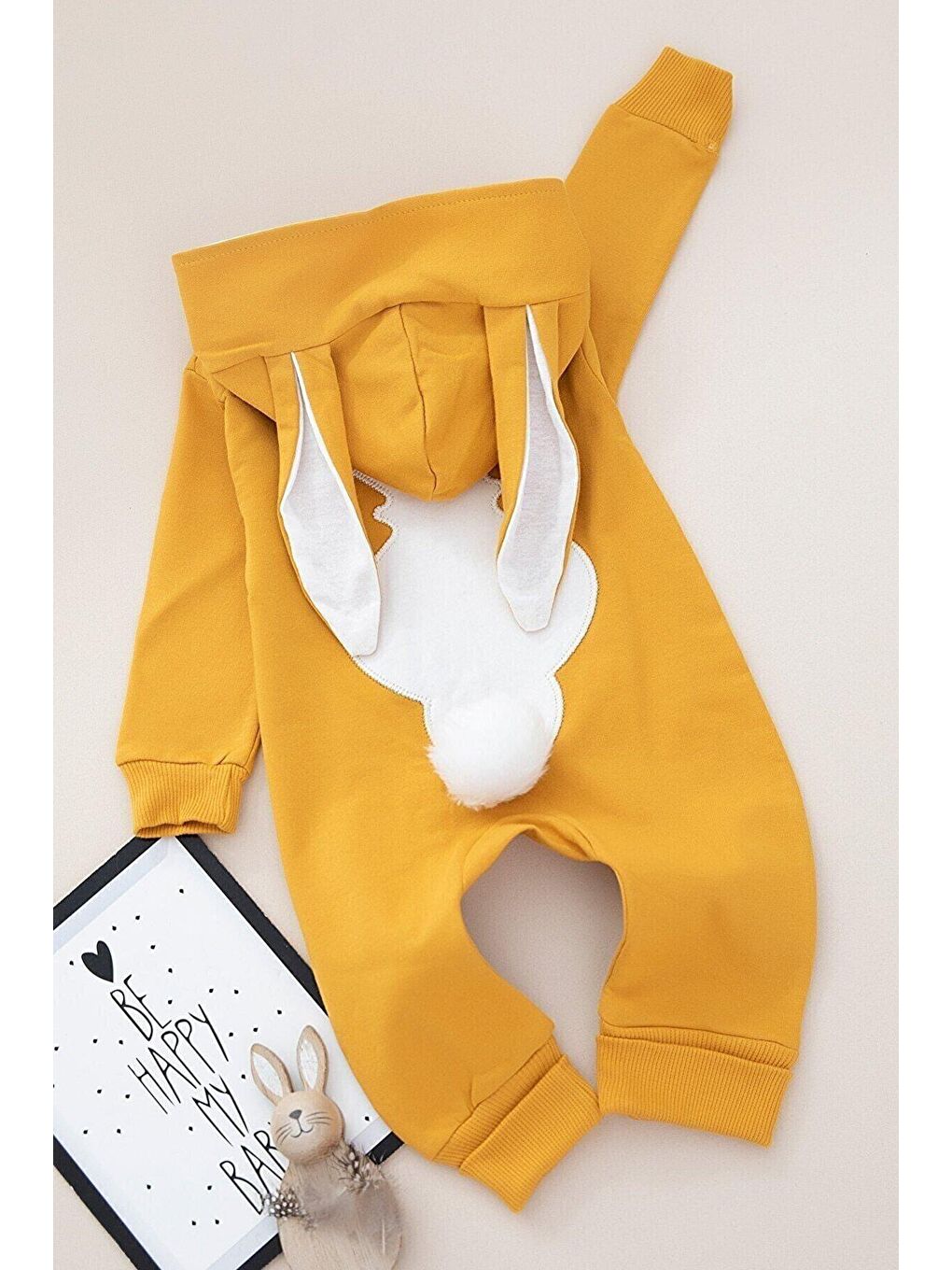 Sarı Tavşan Nakışlı Kapüşonlu Pon Ponlu Bebek Tulum-4