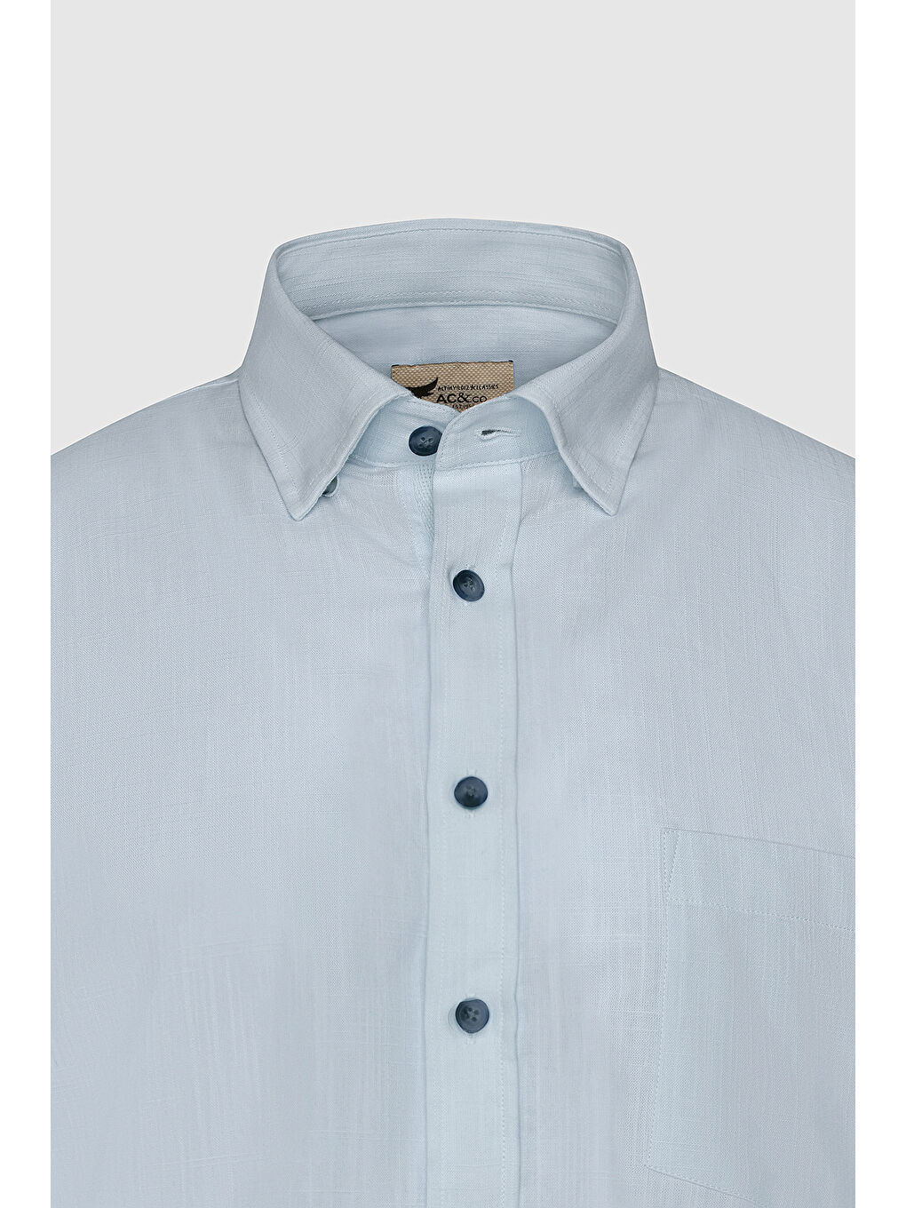 Erkek Açık Mavi Comfort Fit Rahat Kesim Gizli Düğmeli Yaka Keten Görünümlü %100 Pamuk Flamlı Gömlek-7