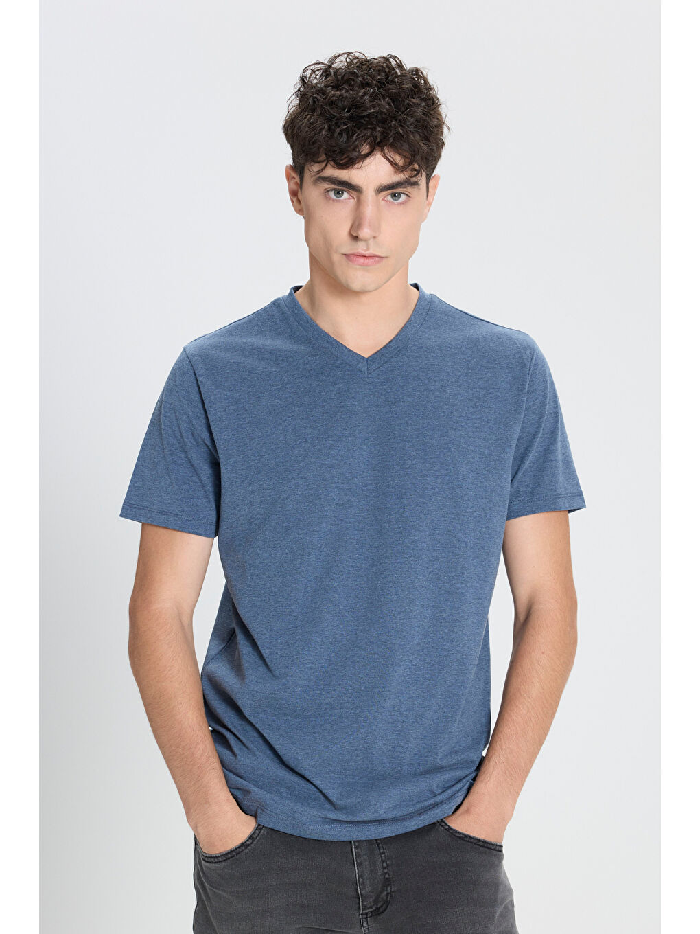 Erkek İndigo Melanj Slim Fit Dar Kesim V Yaka Pamuklu V Yaka Kısa Kollu Tişört-2