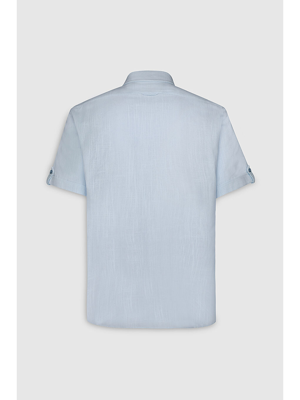 Erkek Açık Mavi Comfort Fit Rahat Kesim Gizli Düğmeli Yaka Keten Görünümlü %100 Pamuk Flamlı Gömlek-9