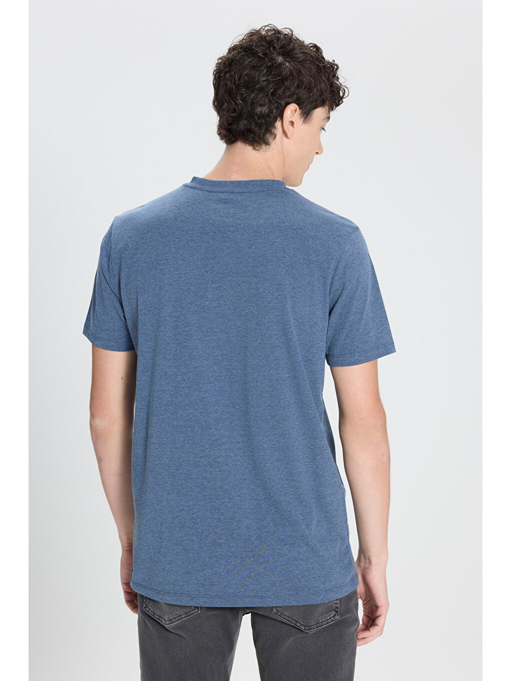 Erkek İndigo Melanj Slim Fit Dar Kesim V Yaka Pamuklu V Yaka Kısa Kollu Tişört-4