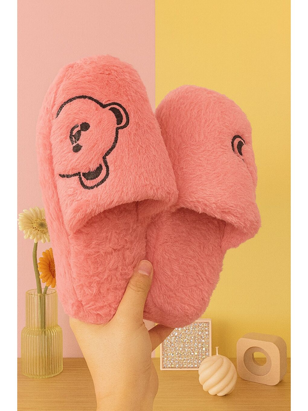 Pembe MOMO Ayıcık Kadın Ev Terliği Günlük Rahat Kışlık Terlik