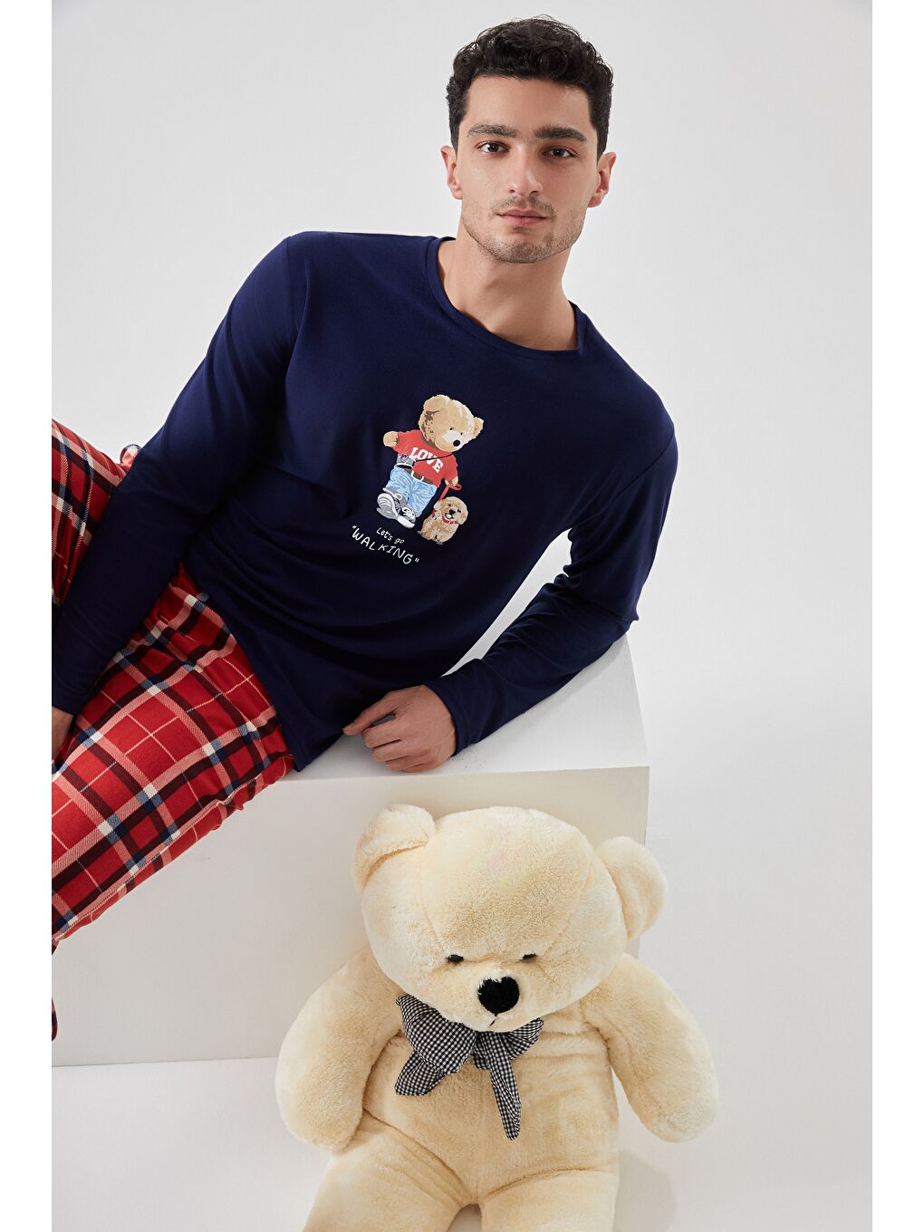 Lacivert Erkek Yumuşak Dokulu Ayıcık Baskılı Ekose Desenli Pijama Takımı-1
