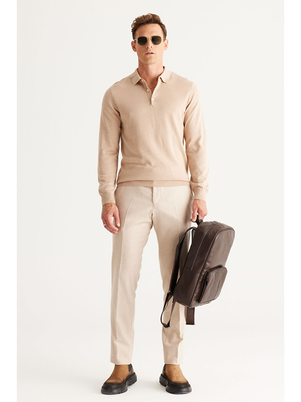 Erkek Bej Melanj Standart Fit Normal Kesim Polo Yaka Pamuklu Triko Kazak-1