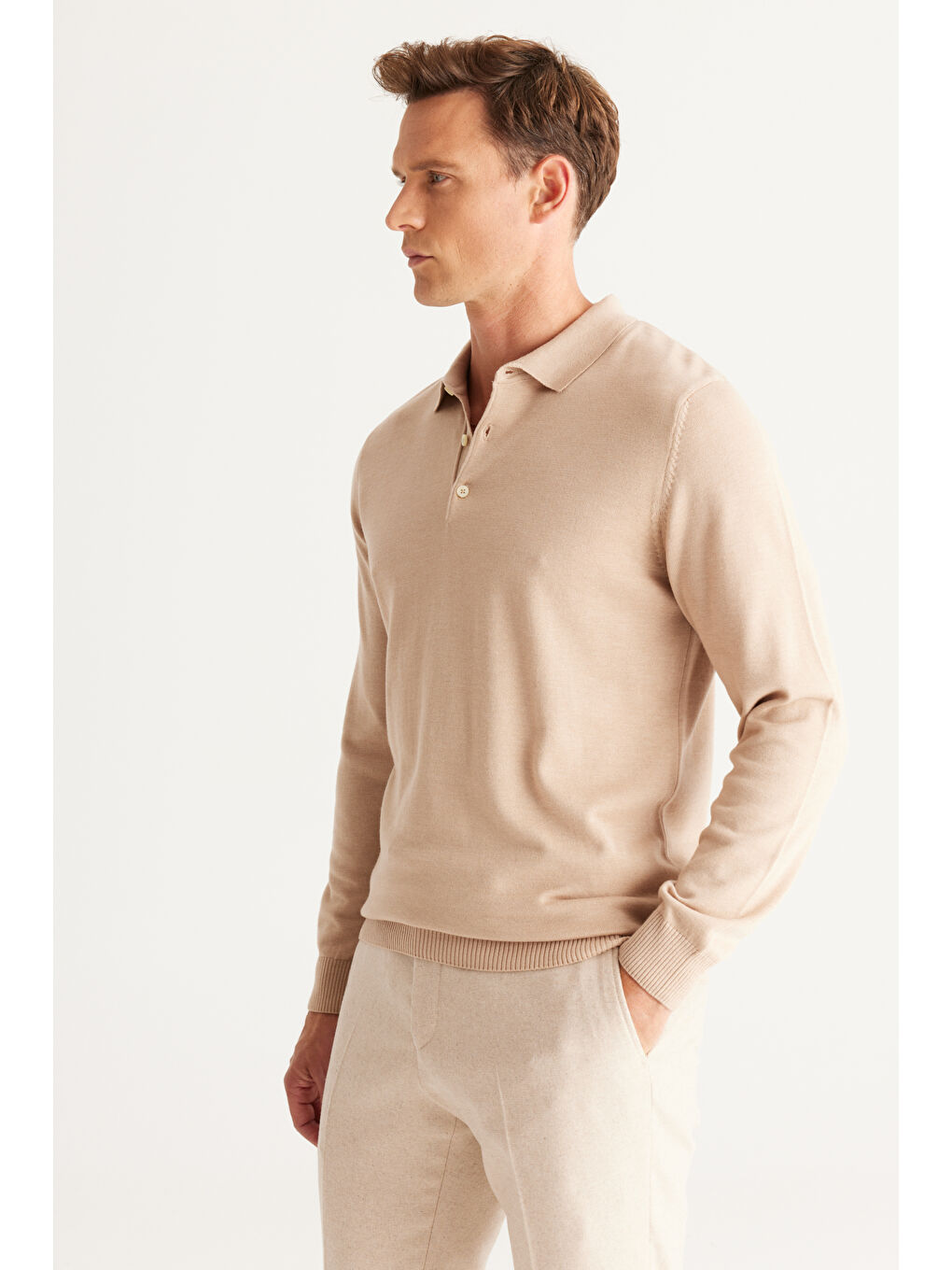 Erkek Bej Melanj Standart Fit Normal Kesim Polo Yaka Pamuklu Triko Kazak-2