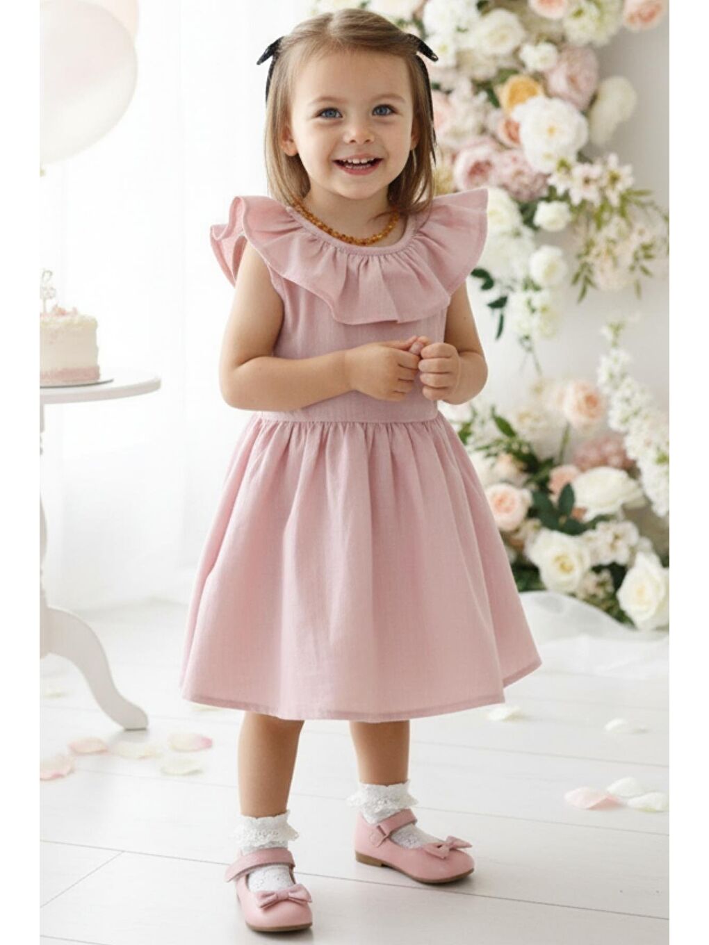 Pembe Kız Bebek Pudra Cherry Fiyonklu Fırfırlı Elbise Toka Takım