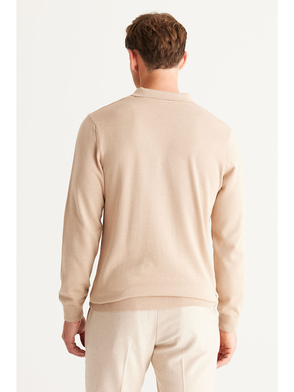 Erkek Bej Melanj Standart Fit Normal Kesim Polo Yaka Pamuklu Triko Kazak-4