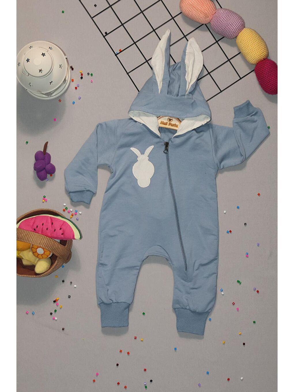 Mavi Tavşan Nakışlı Kapüşonlu Pon Ponlu Bebek Tulum-1
