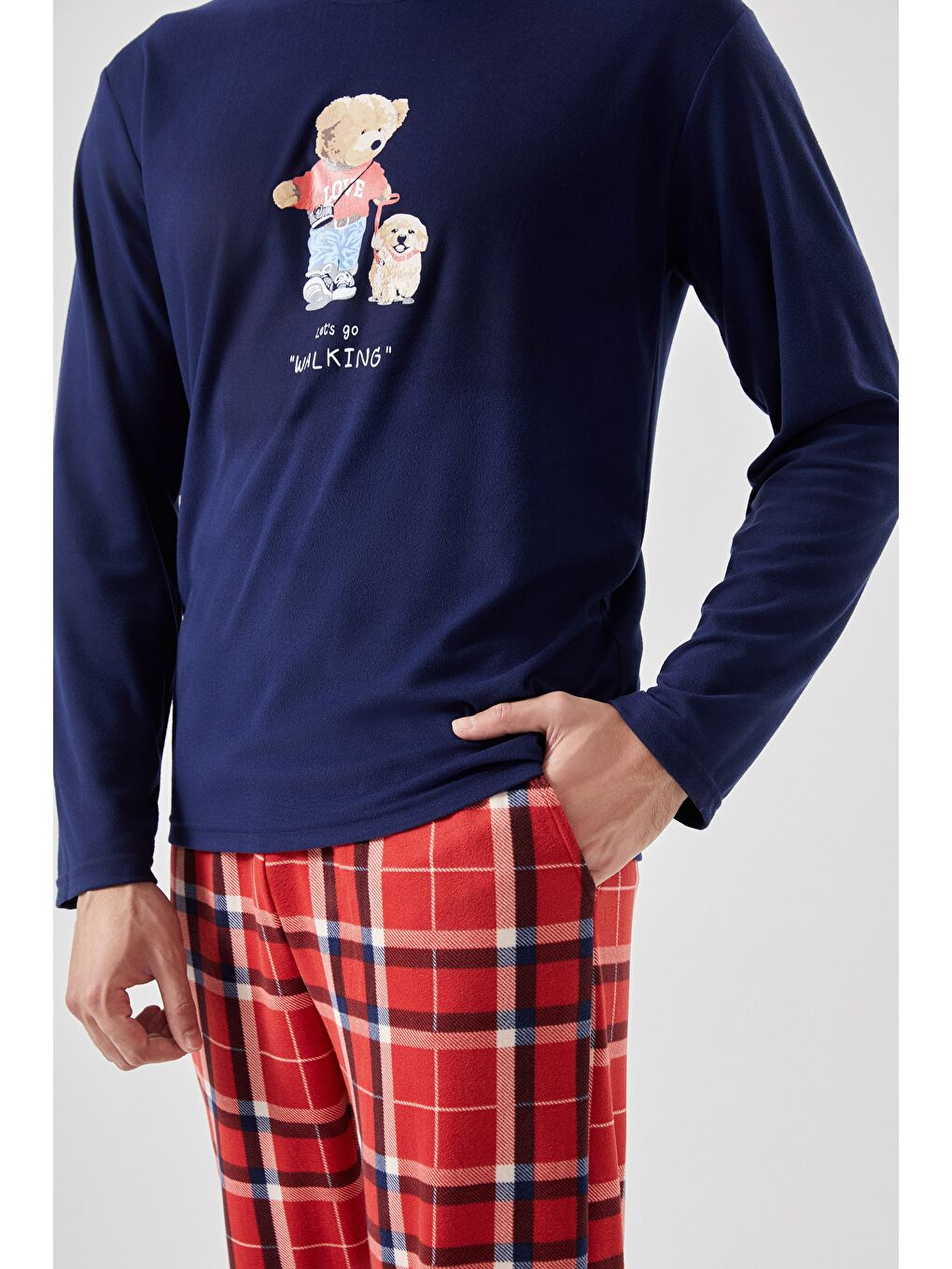 Lacivert Erkek Yumuşak Dokulu Ayıcık Baskılı Ekose Desenli Pijama Takımı-4