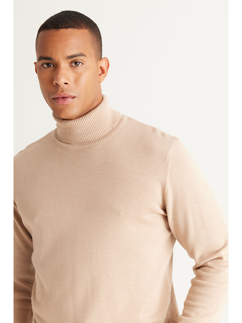 Erkek Bej Melanj Standart Fit Normal Kesim Tam Balıkçı Yaka Pamuklu Triko Kazak-1