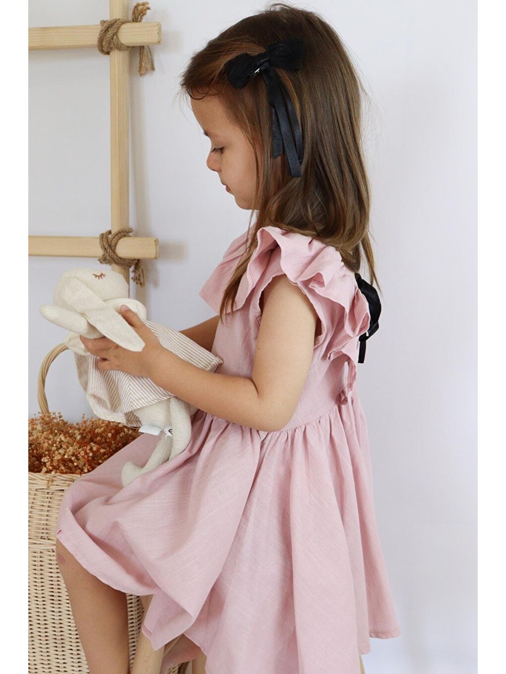 Pembe Kız Bebek Pudra Cherry Fiyonklu Fırfırlı Elbise Toka Takım-1