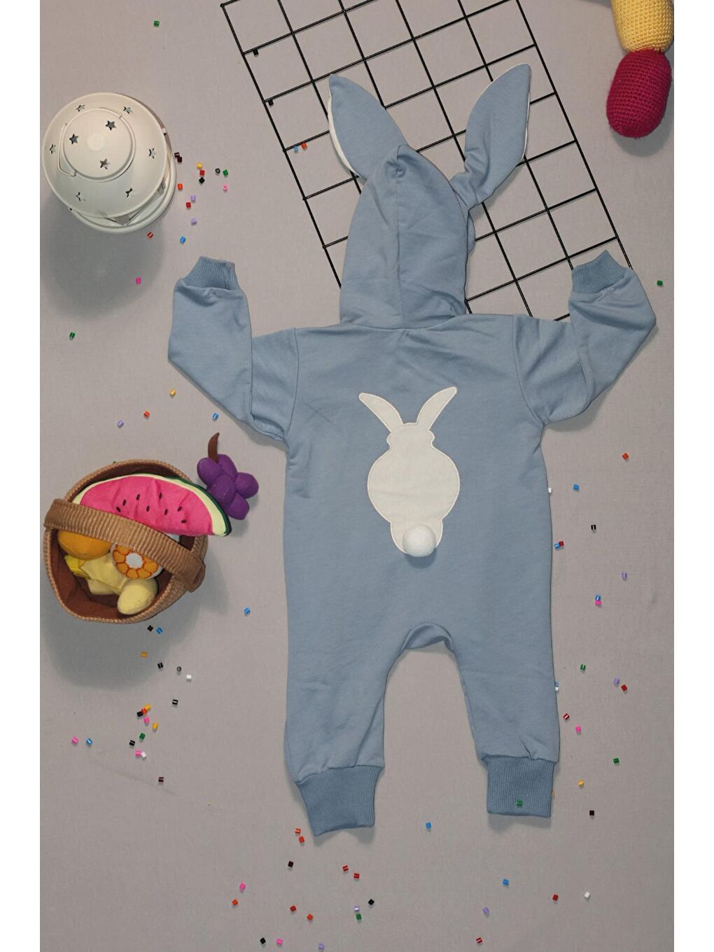 Mavi Tavşan Nakışlı Kapüşonlu Pon Ponlu Bebek Tulum-2