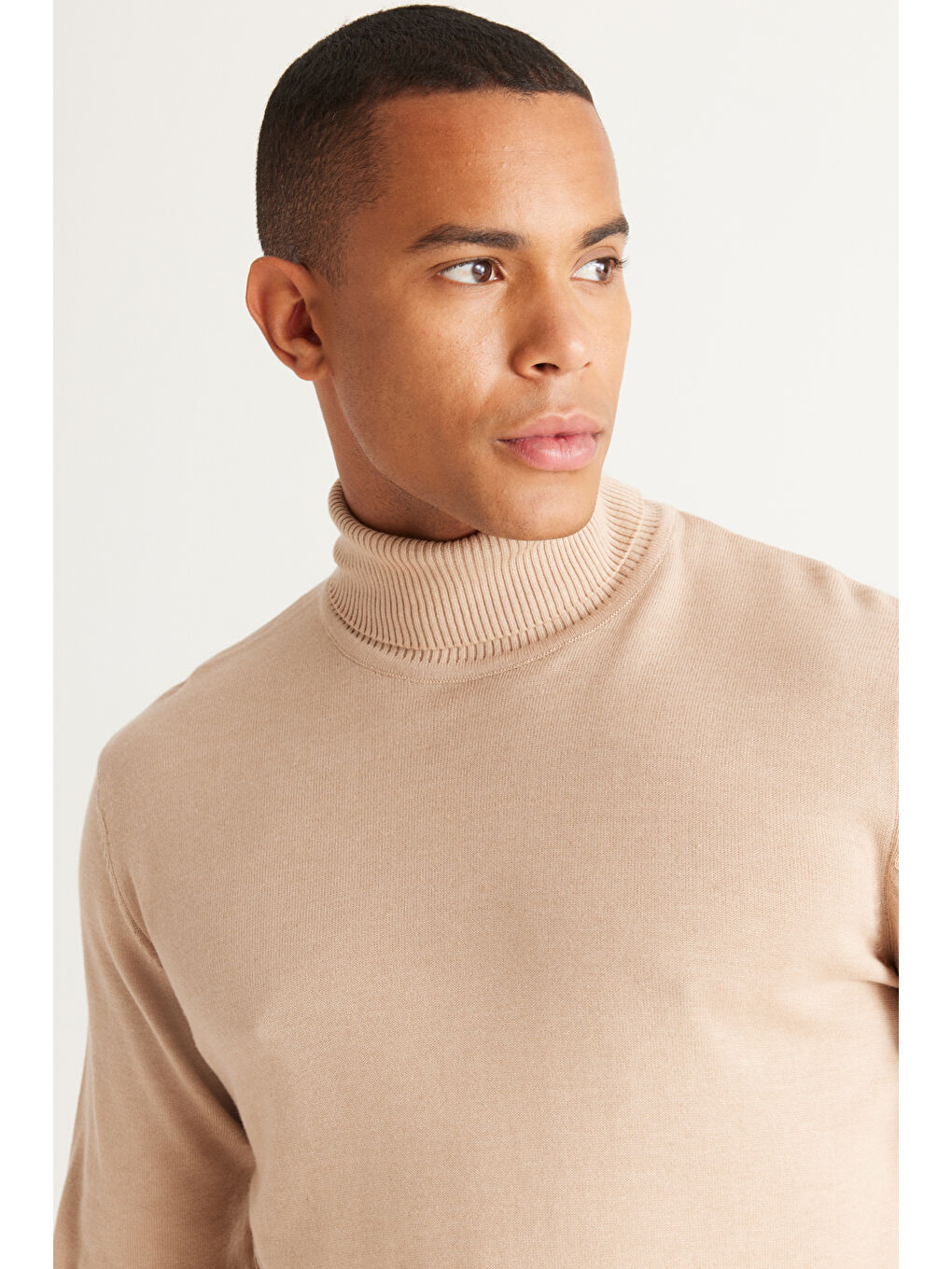 Erkek Bej Melanj Standart Fit Normal Kesim Tam Balıkçı Yaka Pamuklu Triko Kazak-2