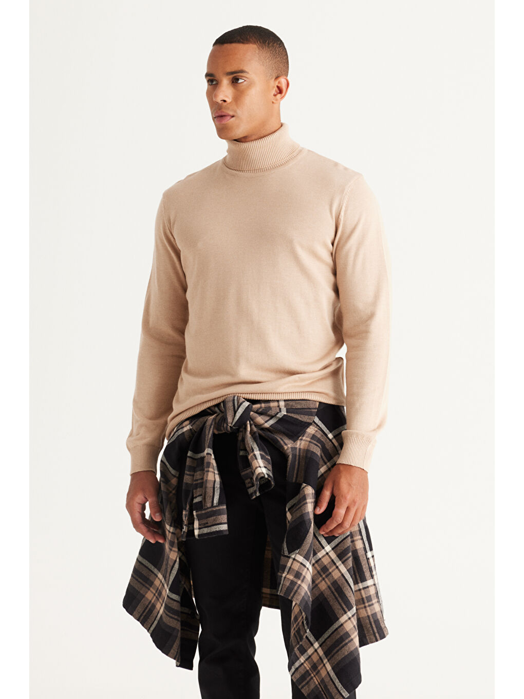 Erkek Bej Melanj Standart Fit Normal Kesim Tam Balıkçı Yaka Pamuklu Triko Kazak-3