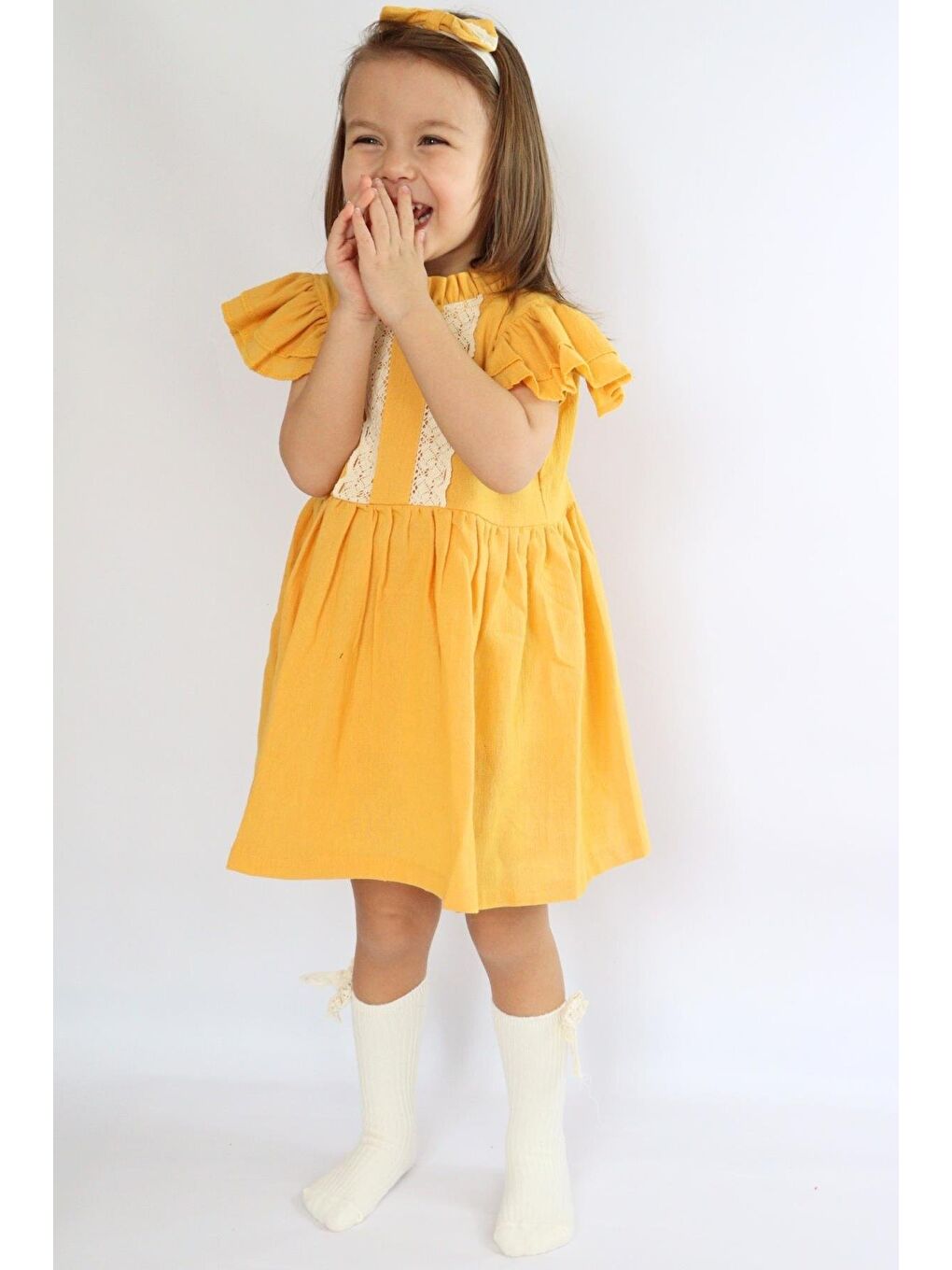 Sarı Kız Bebek Laila Dantel Detay Hardal Şile Bezi Elbise Bandana Takım-1