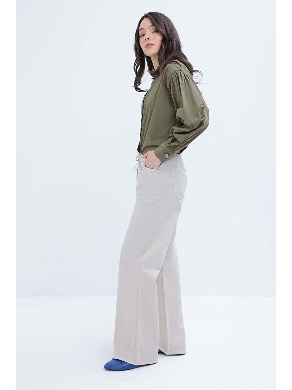 Bej Taş-Geniş Paça Gabardin Pantolon