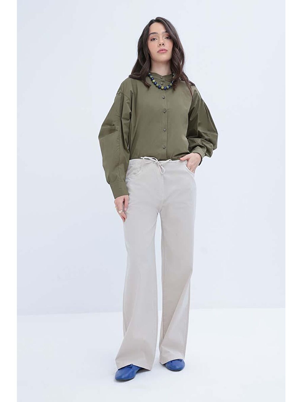 Bej Taş-Geniş Paça Gabardin Pantolon-1