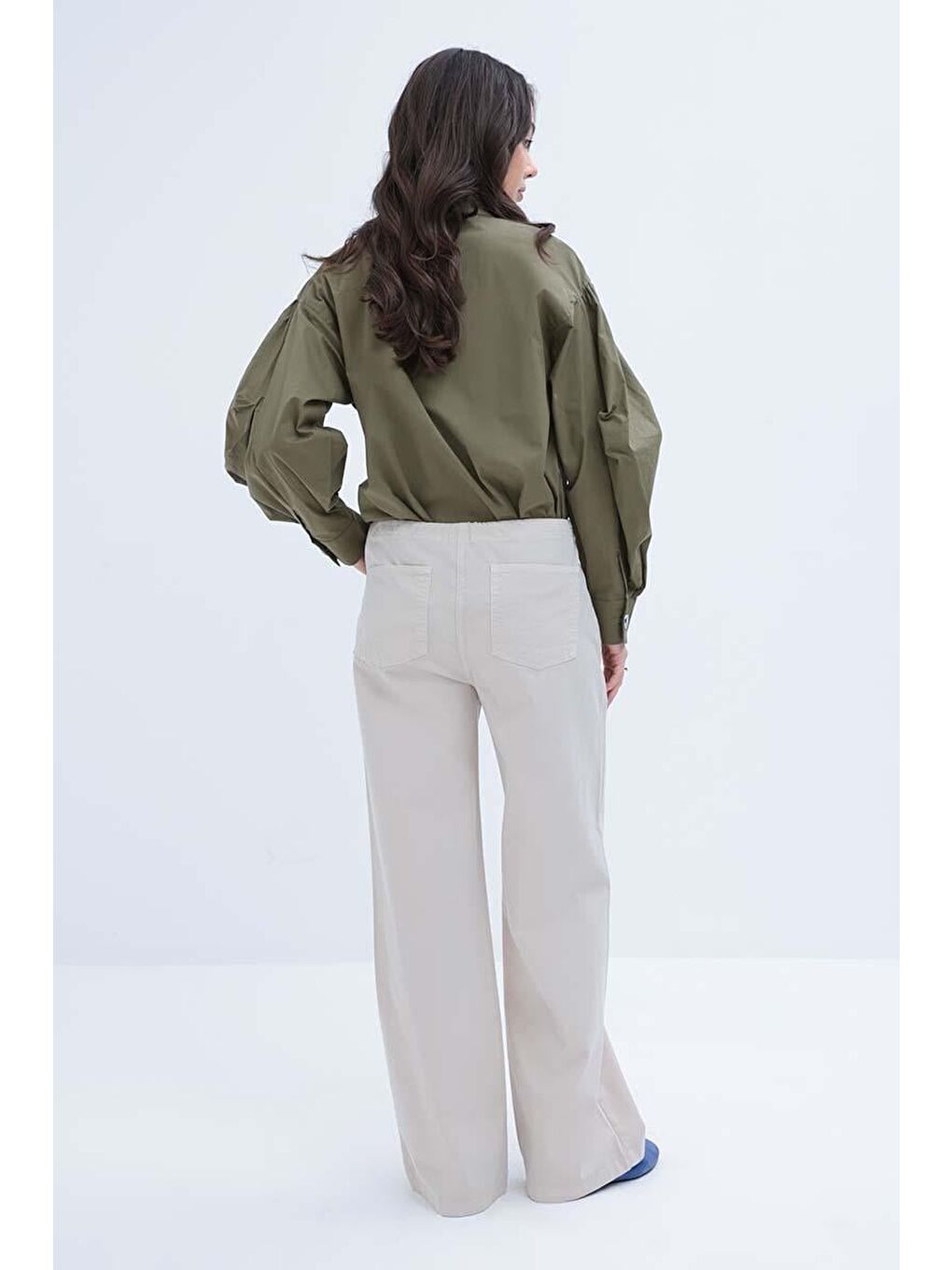 Bej Taş-Geniş Paça Gabardin Pantolon-3